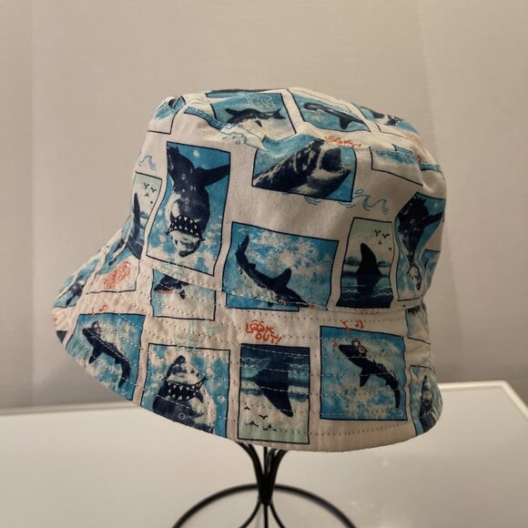 Boys Reversible Shark All Over Print Bucket Hat In Blue White Good Vibes Lookout - Picture 3 of 10
